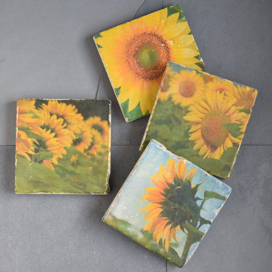 Sunflower Stone Coasters - Set of 4 Sunflower Drink Coasters